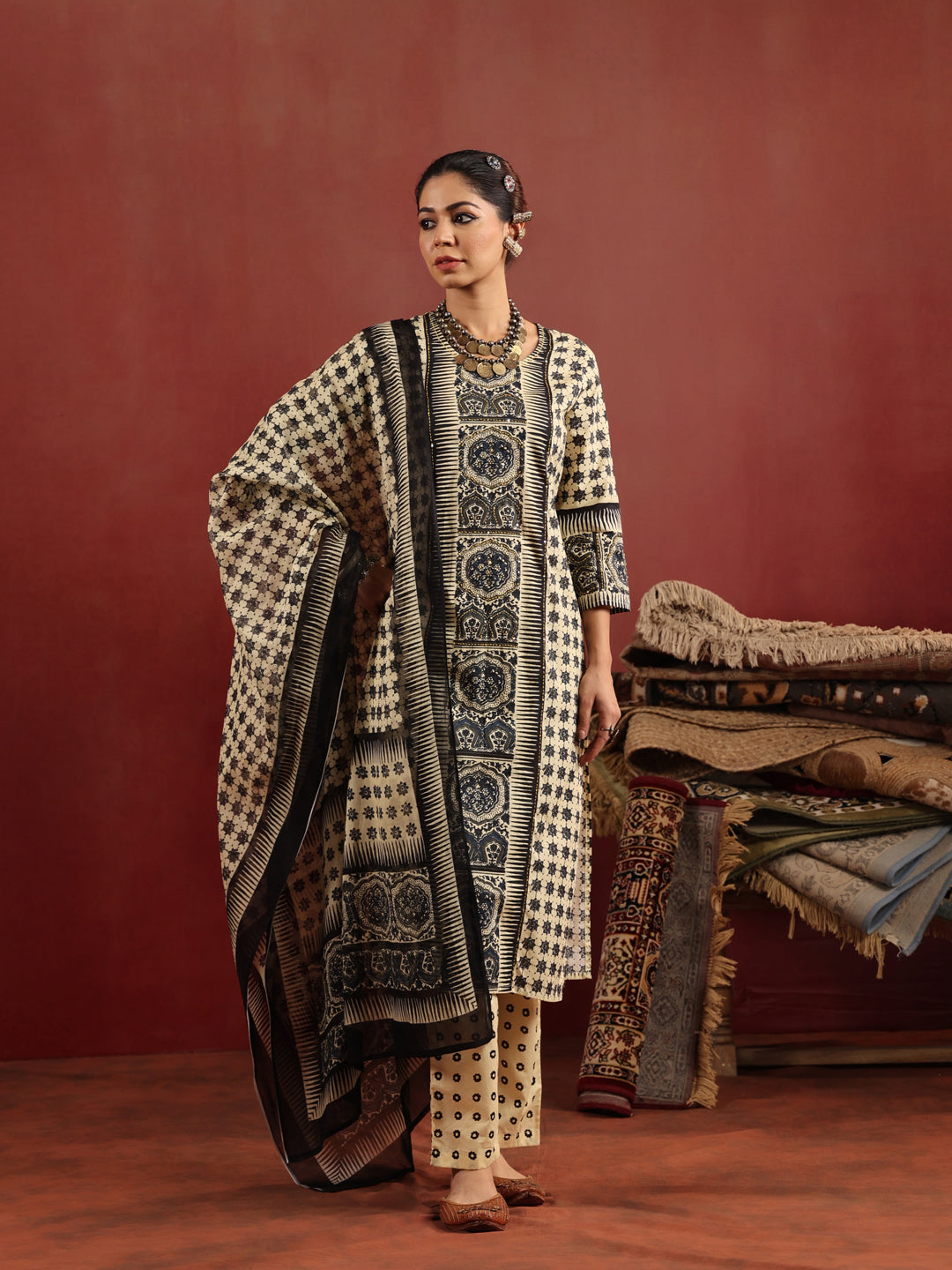 Chauras | Ivory Ajrakh Cotton Suit Set
