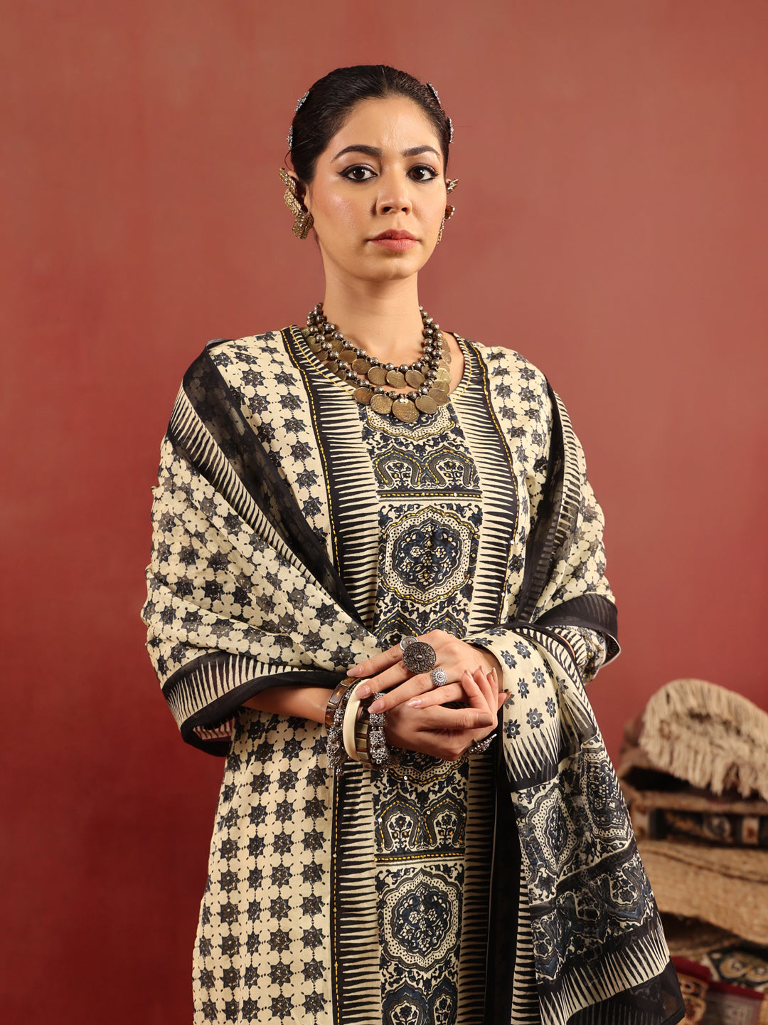 Chauras | Ivory Ajrakh Cotton Suit Set