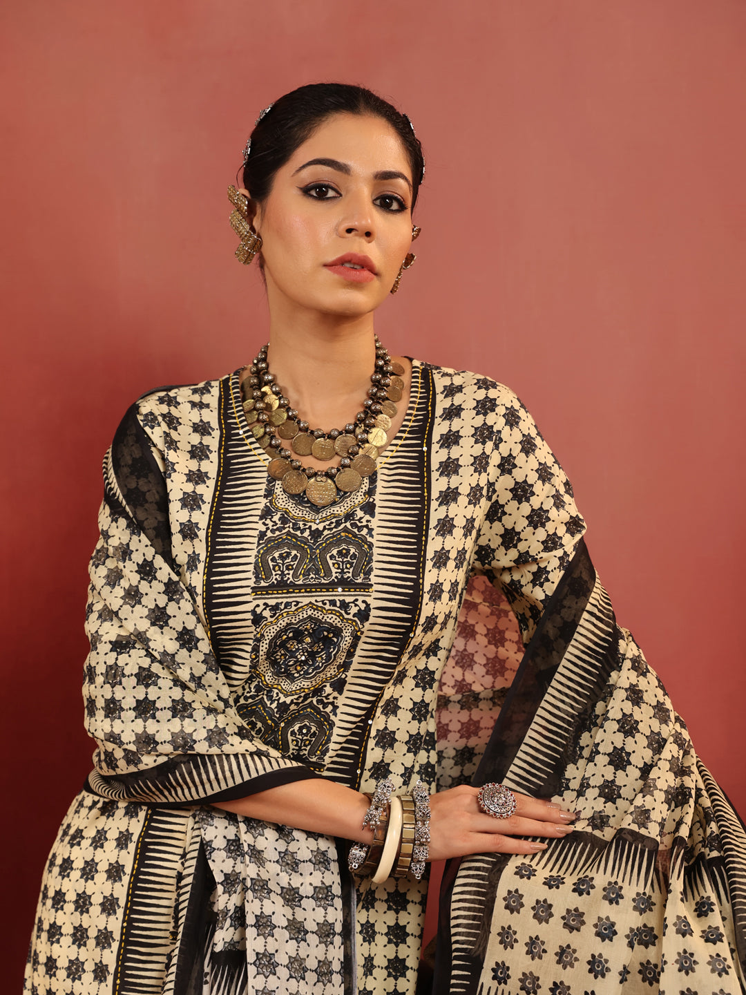 Chauras | Ivory Ajrakh Cotton Suit Set