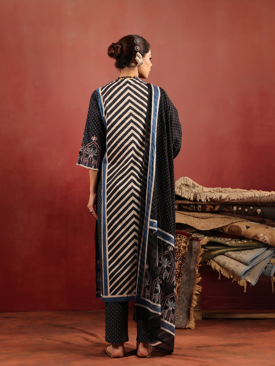 Neel Chevron | Black Ajrakh Cotton Suit Set