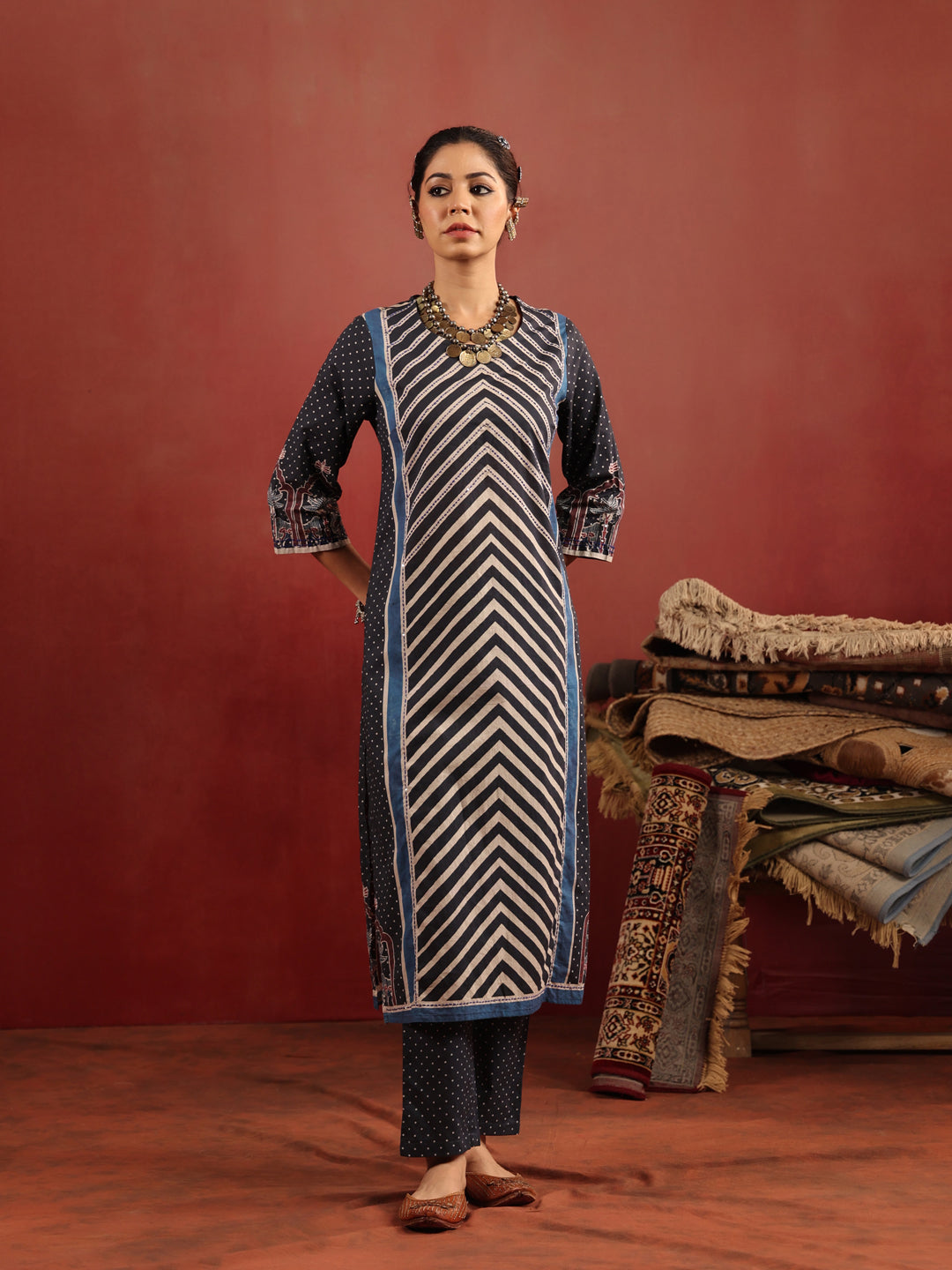 Neel Chevron | Black Ajrakh Cotton Suit Set