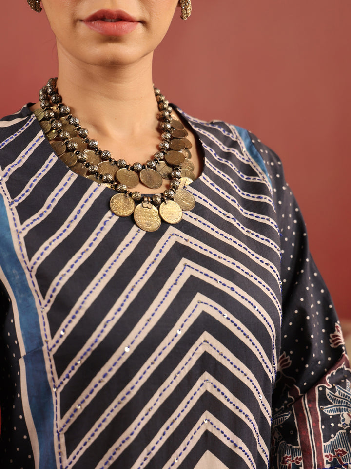 Neel Chevron | Black Ajrakh Cotton Suit Set