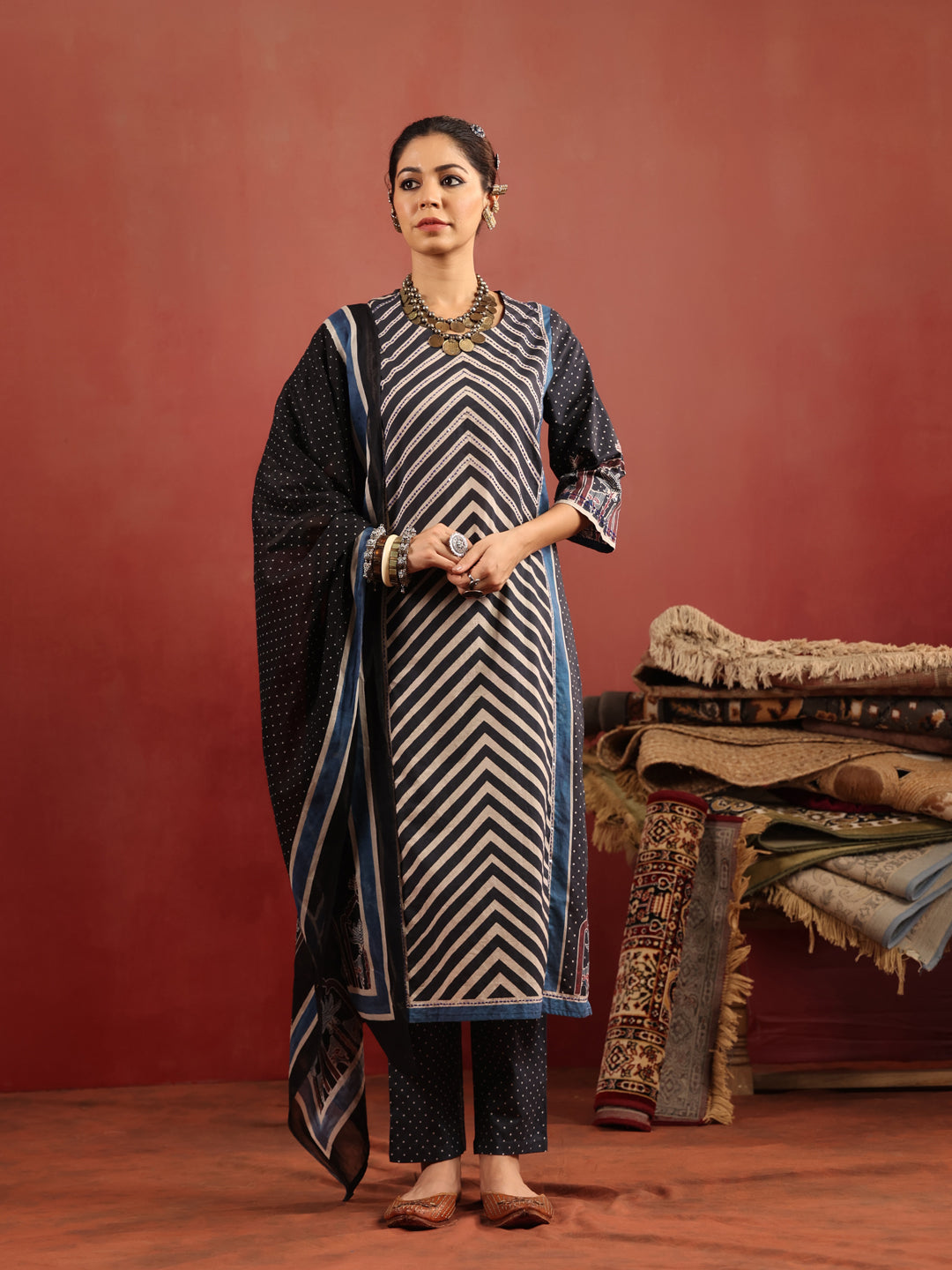 Neel Chevron | Black Ajrakh Cotton Suit Set