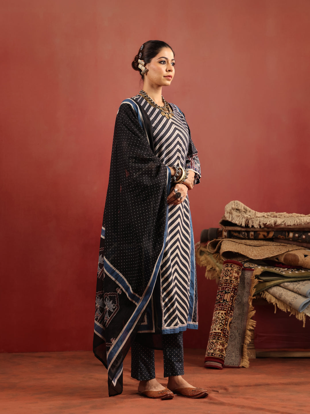 Neel Chevron | Black Ajrakh Cotton Suit Set