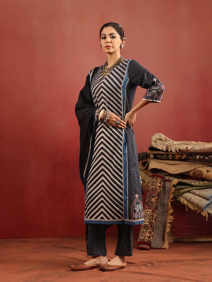 Neel Chevron | Black Ajrakh Cotton Suit Set