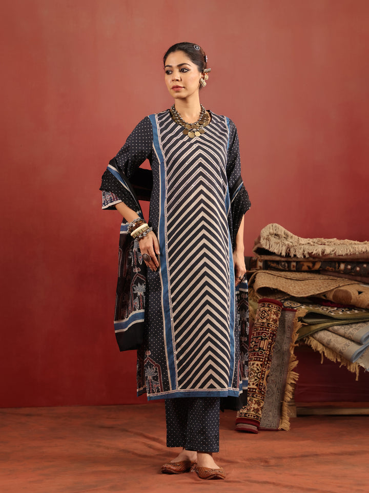 Neel Chevron | Black Ajrakh Cotton Suit Set