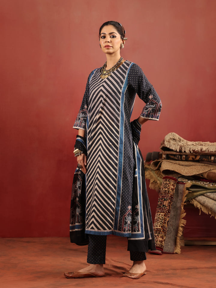 Neel Chevron | Black Ajrakh Cotton Suit Set