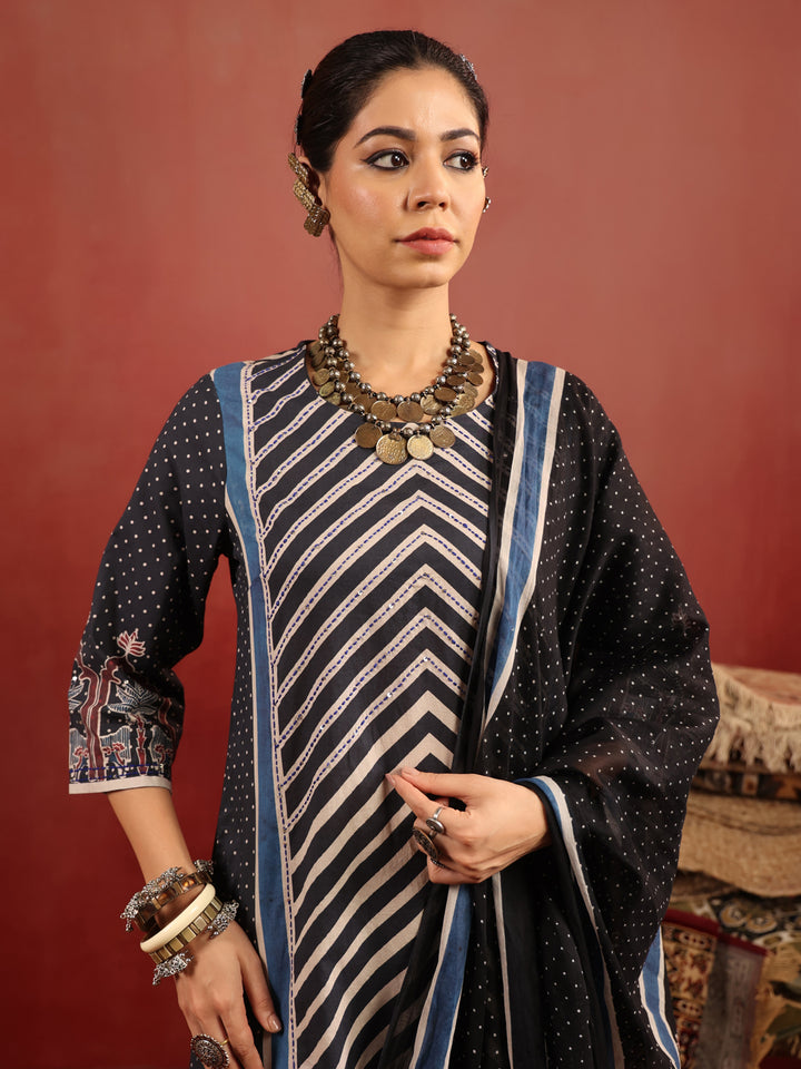Neel Chevron | Black Ajrakh Cotton Suit Set