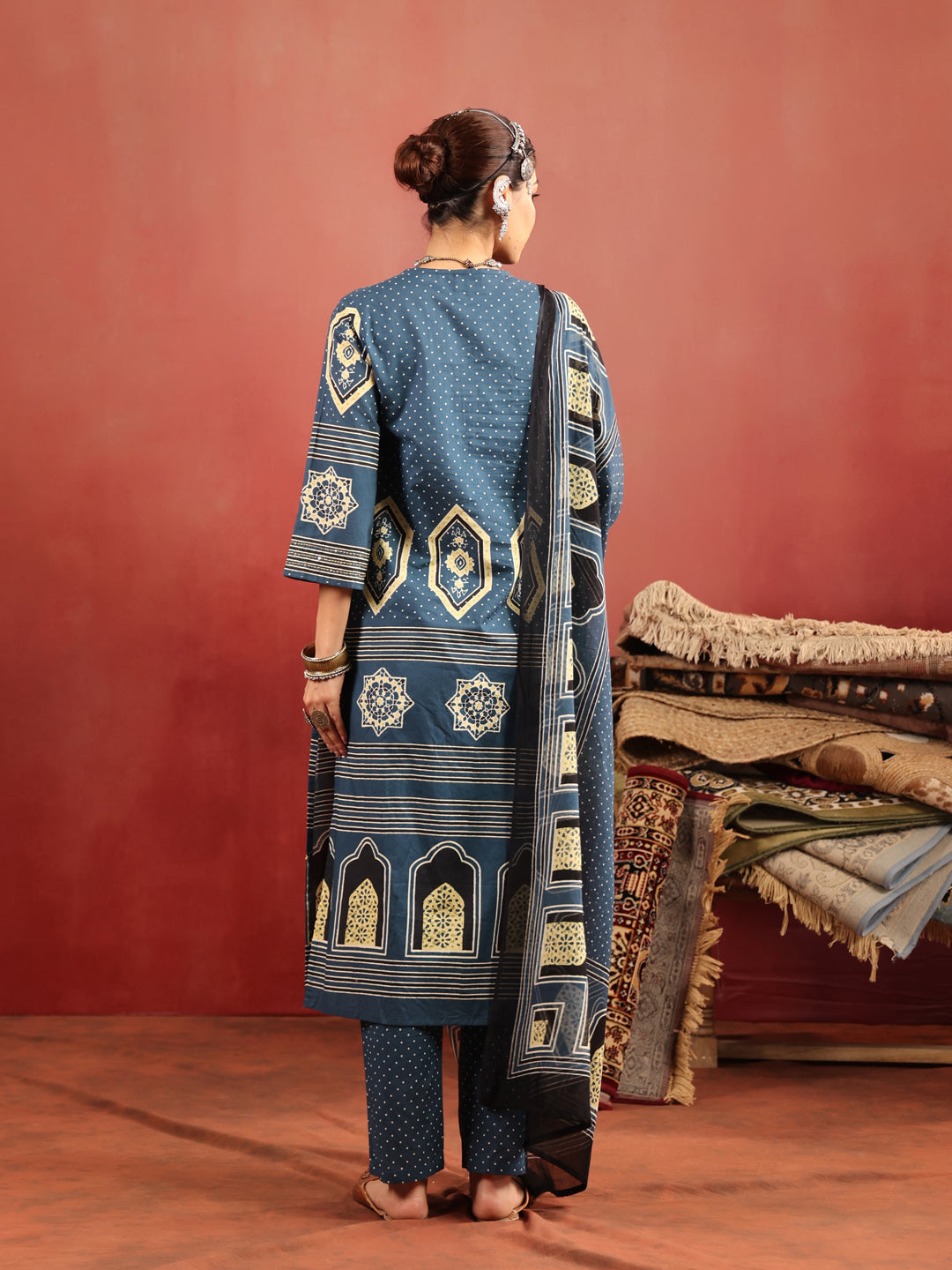 Neel Aangan | Teal Ajrakh Cotton Suit Set