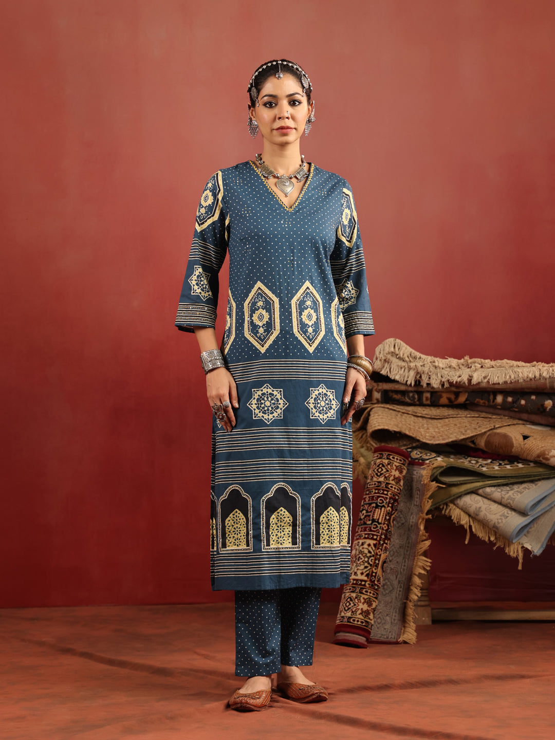 Neel Aangan | Teal Ajrakh Cotton Suit Set