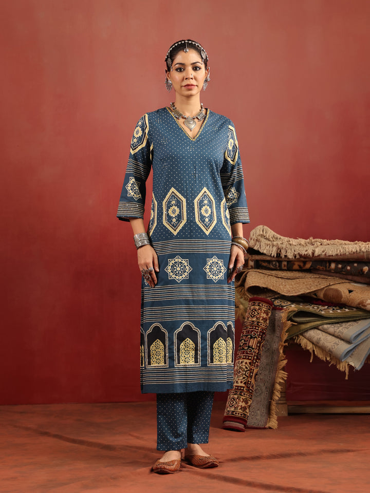 Neel Aangan | Teal Ajrakh Cotton Suit Set