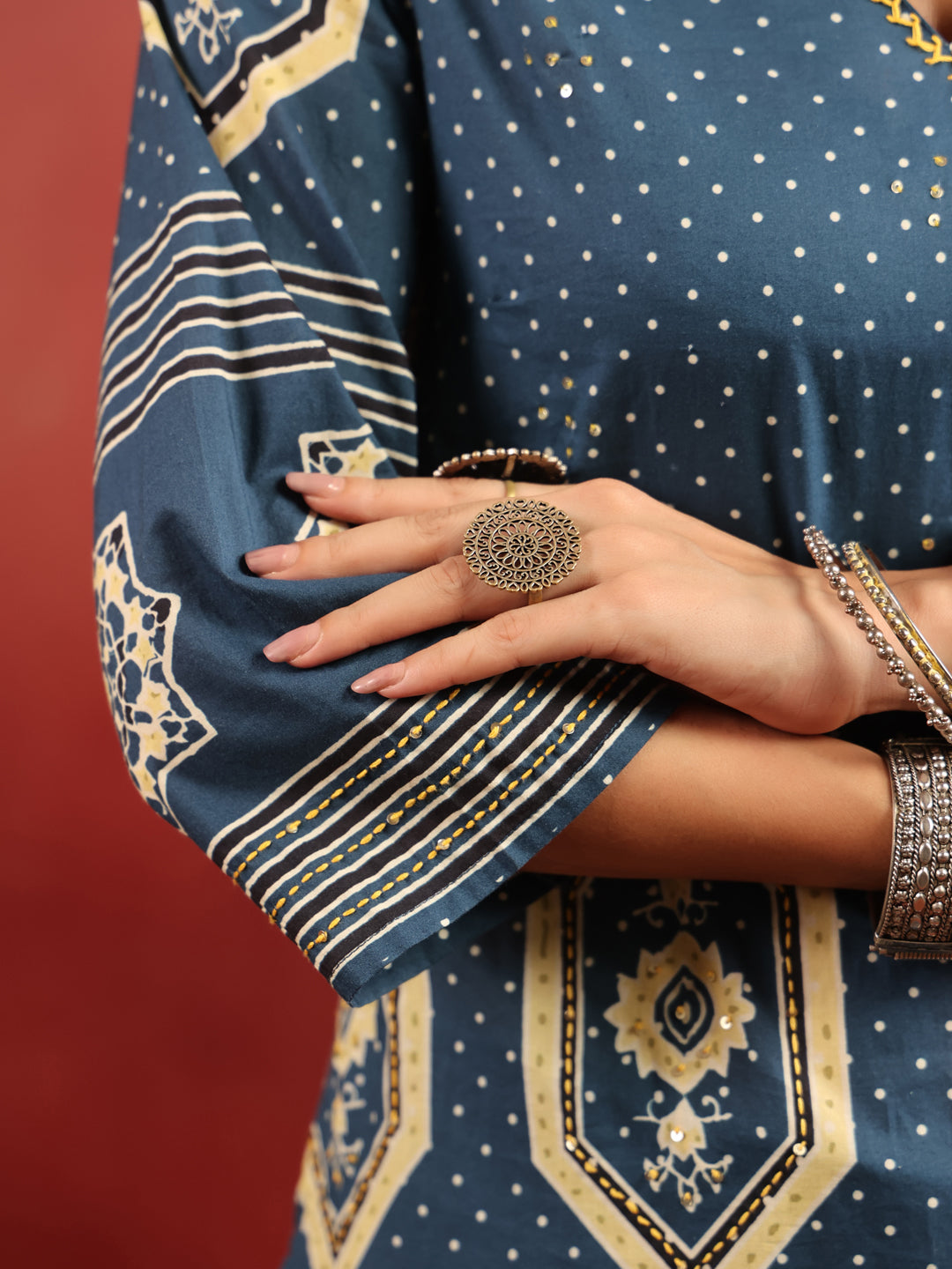 Neel Aangan | Teal Ajrakh Cotton Suit Set