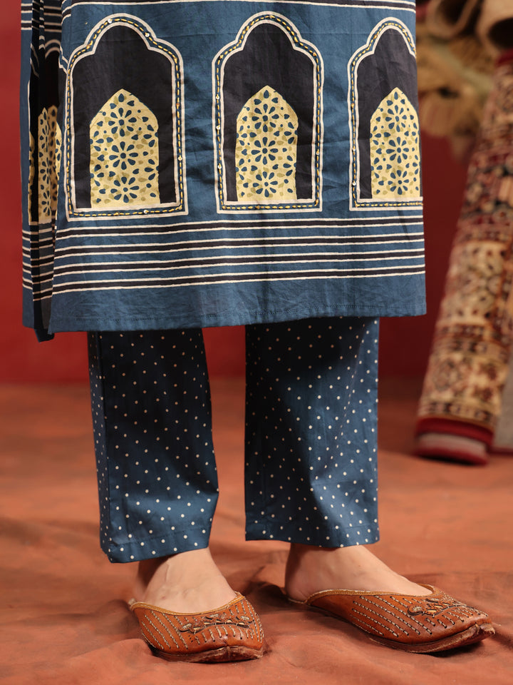 Neel Aangan | Teal Ajrakh Cotton Suit Set