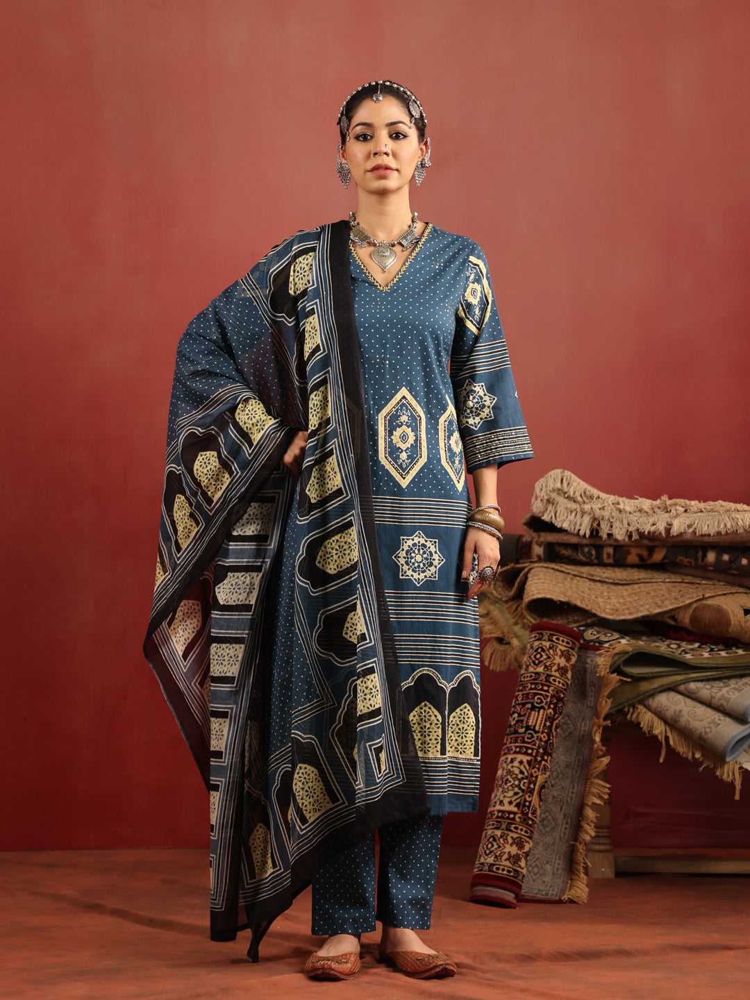 Neel Aangan | Teal Ajrakh Cotton Suit Set