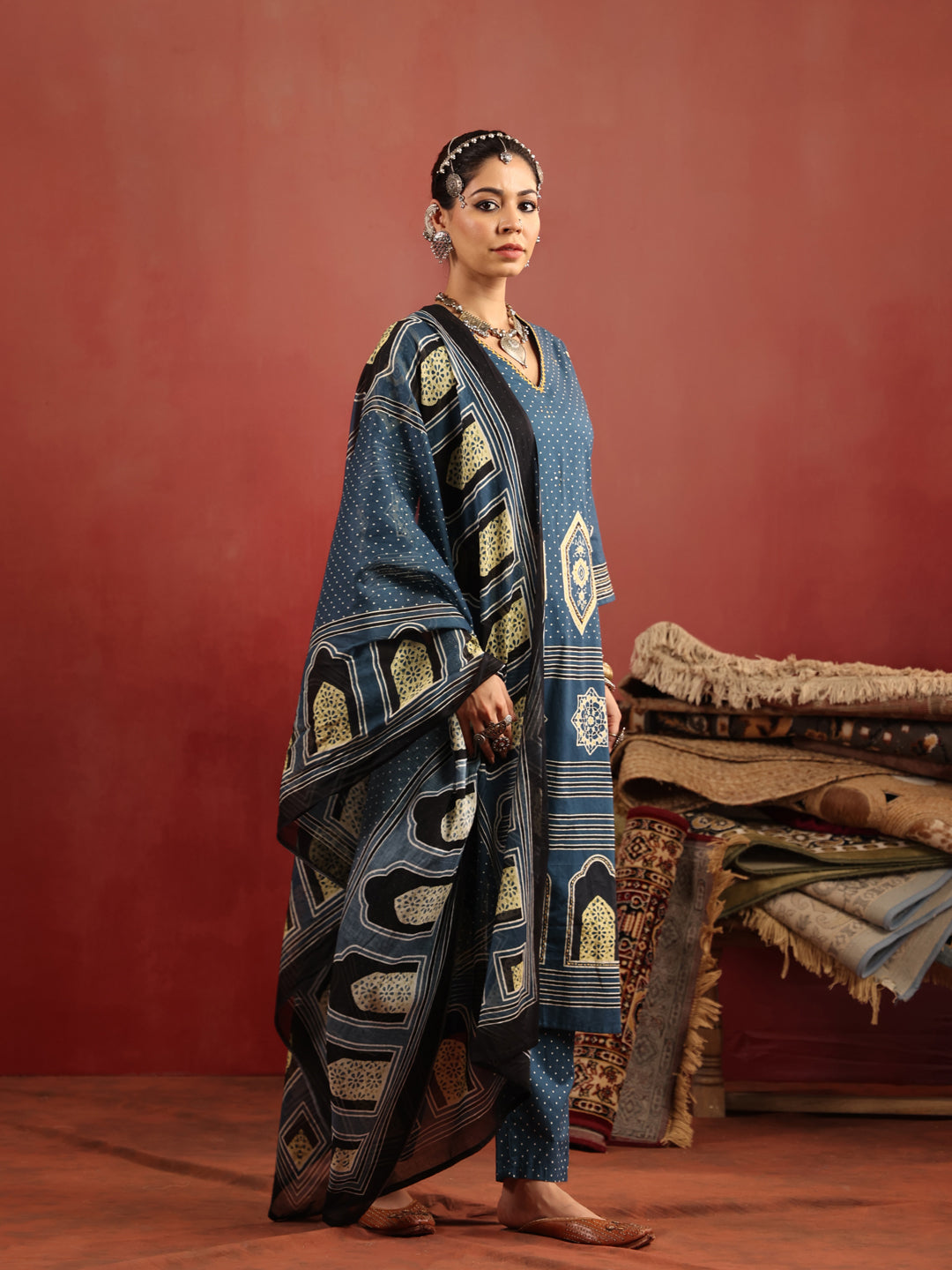 Neel Aangan | Teal Ajrakh Cotton Suit Set