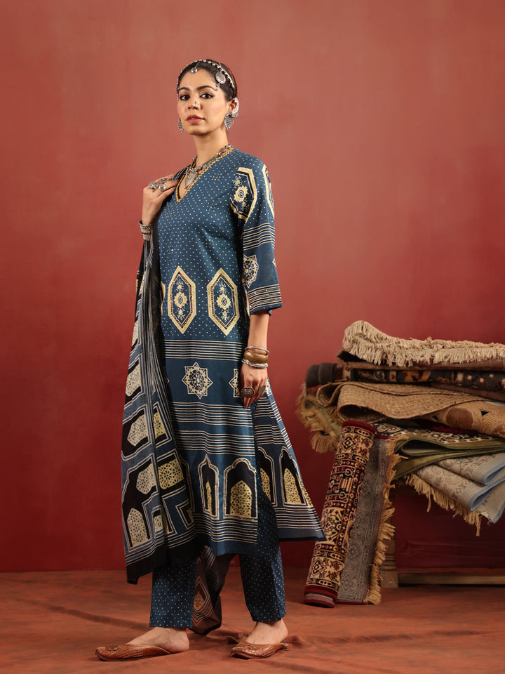 Neel Aangan | Teal Ajrakh Cotton Suit Set