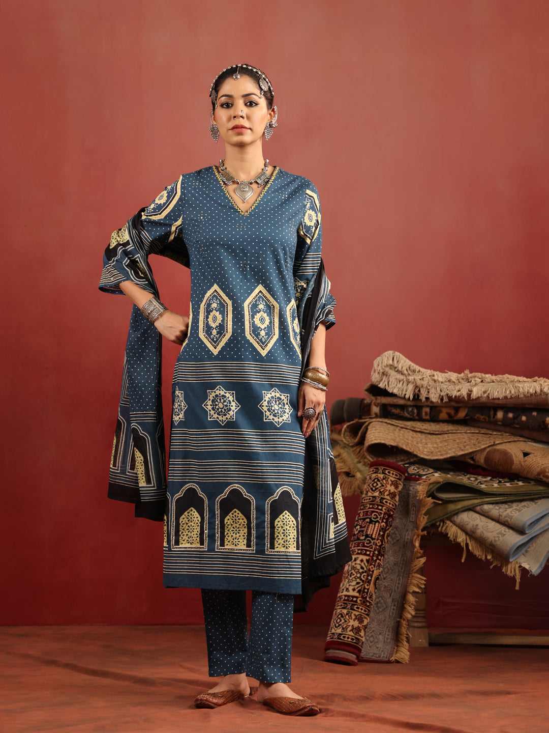 Neel Aangan | Teal Ajrakh Cotton Suit Set