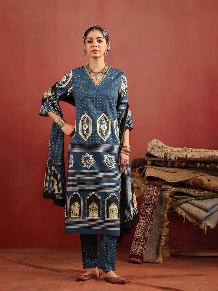 Neel Aangan | Teal Ajrakh Cotton Suit Set