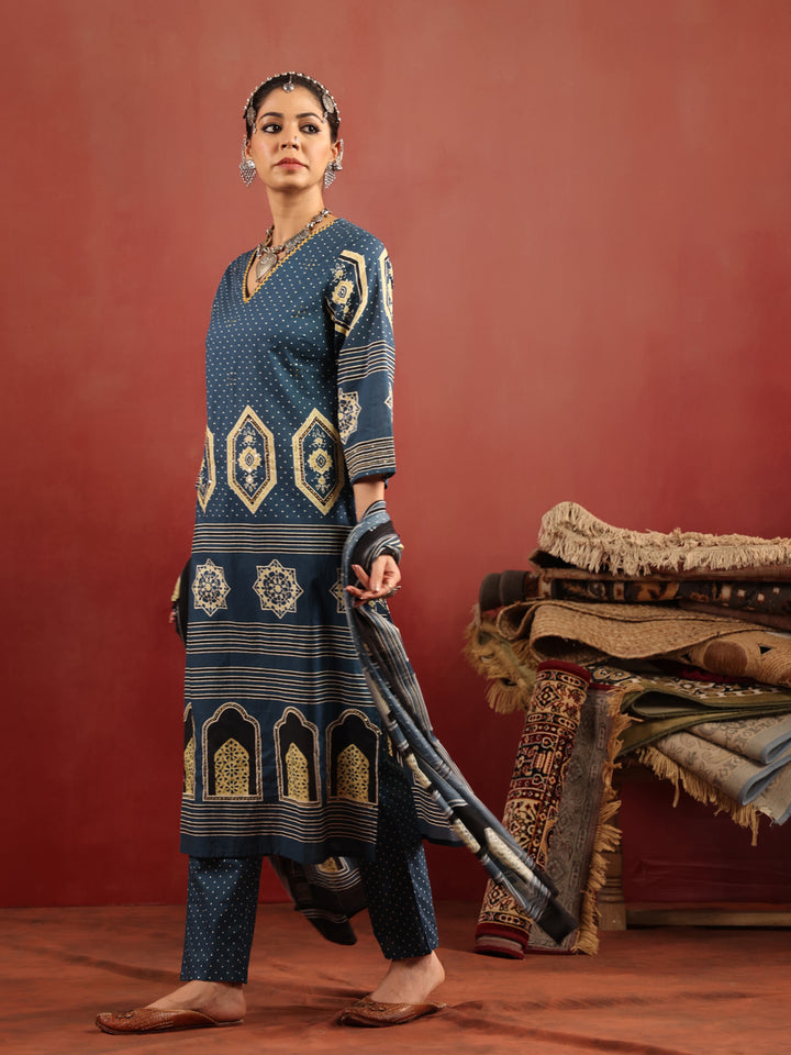 Neel Aangan | Teal Ajrakh Cotton Suit Set