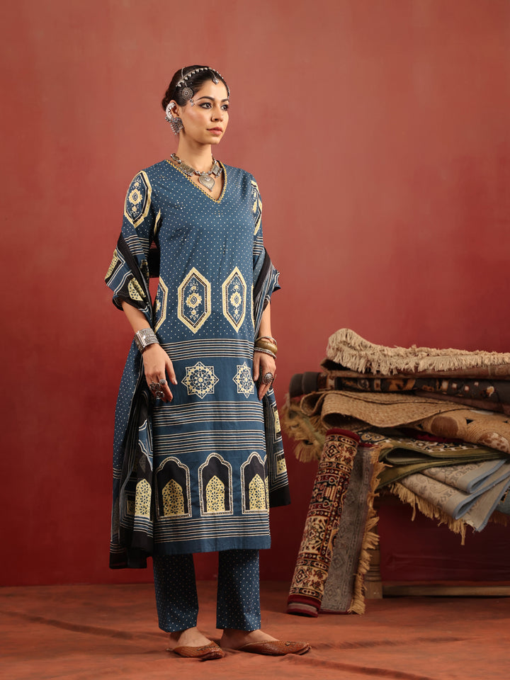 Neel Aangan | Teal Ajrakh Cotton Suit Set