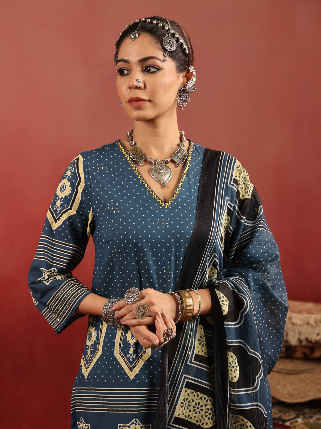 Neel Aangan | Teal Ajrakh Cotton Suit Set