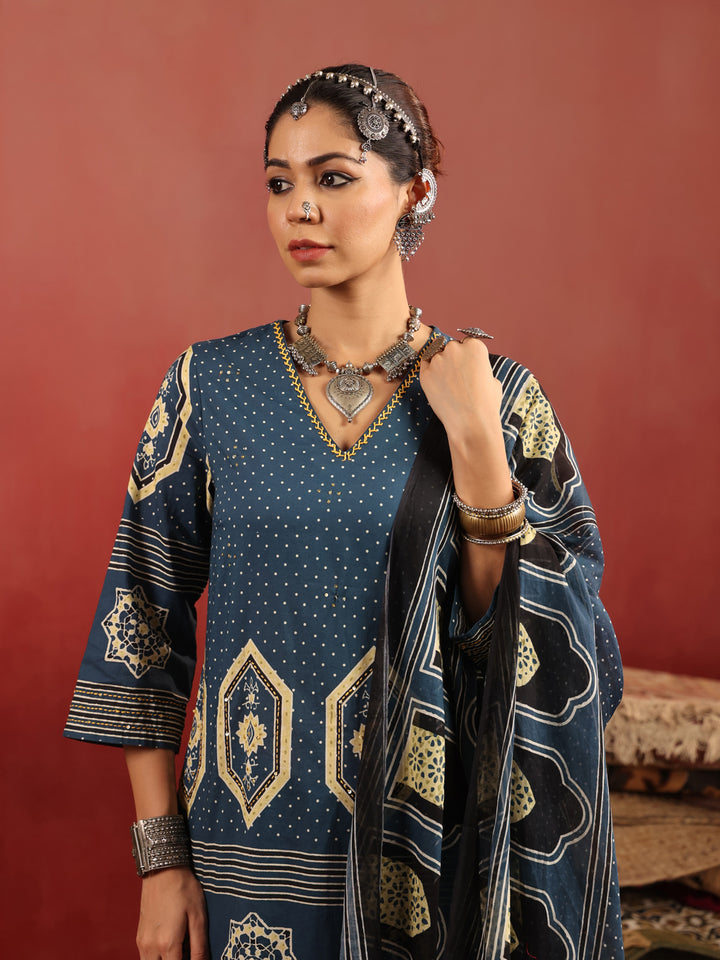 Neel Aangan | Teal Ajrakh Cotton Suit Set