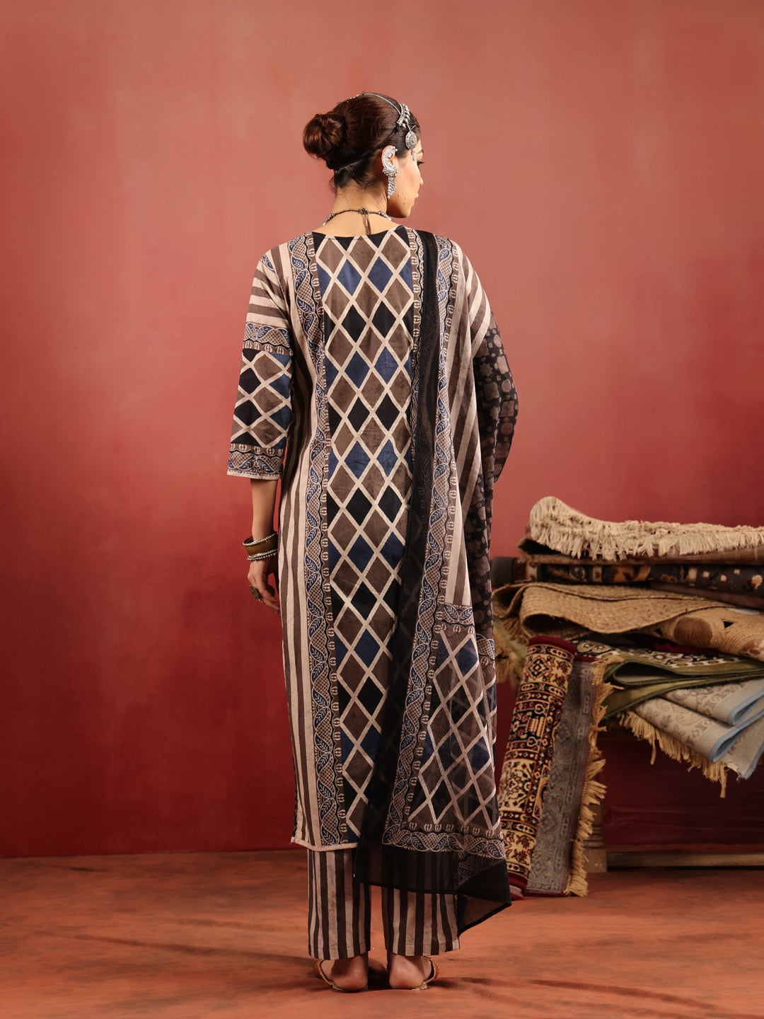 Baori Stripes | Taupe Ajrakh Cotton Suit Set