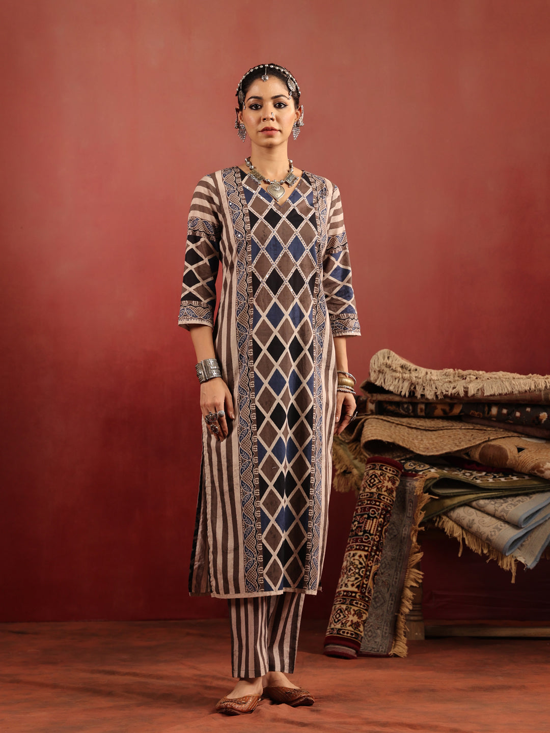 Baori Stripes | Taupe Ajrakh Cotton Suit Set