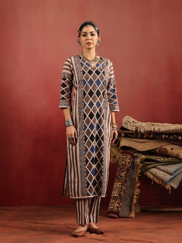 Baori Stripes | Taupe Ajrakh Cotton Suit Set