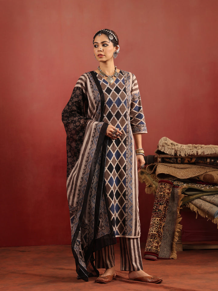 Baori Stripes | Taupe Ajrakh Cotton Suit Set