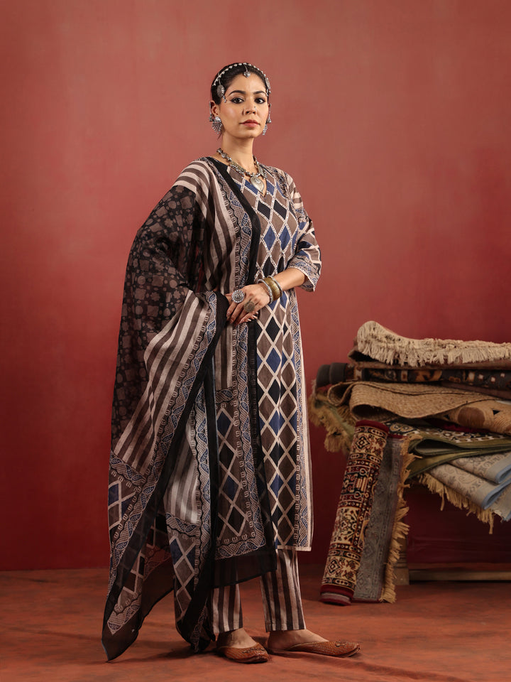 Baori Stripes | Taupe Ajrakh Cotton Suit Set