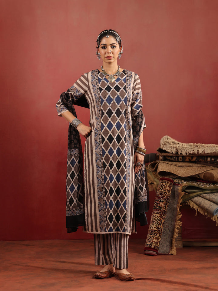 Baori Stripes | Taupe Ajrakh Cotton Suit Set