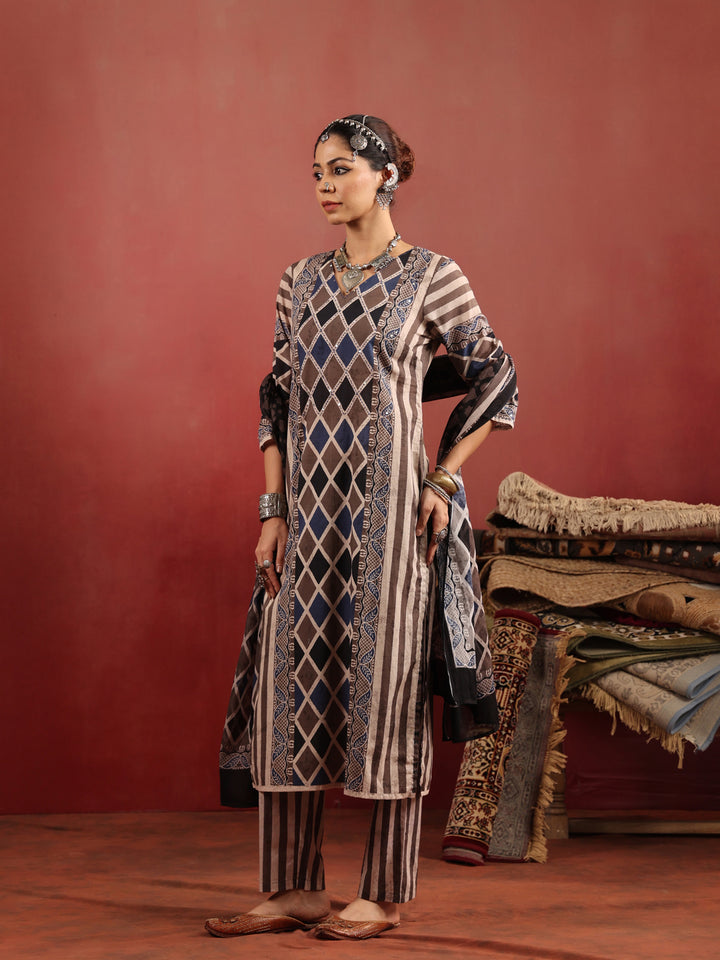 Baori Stripes | Taupe Ajrakh Cotton Suit Set