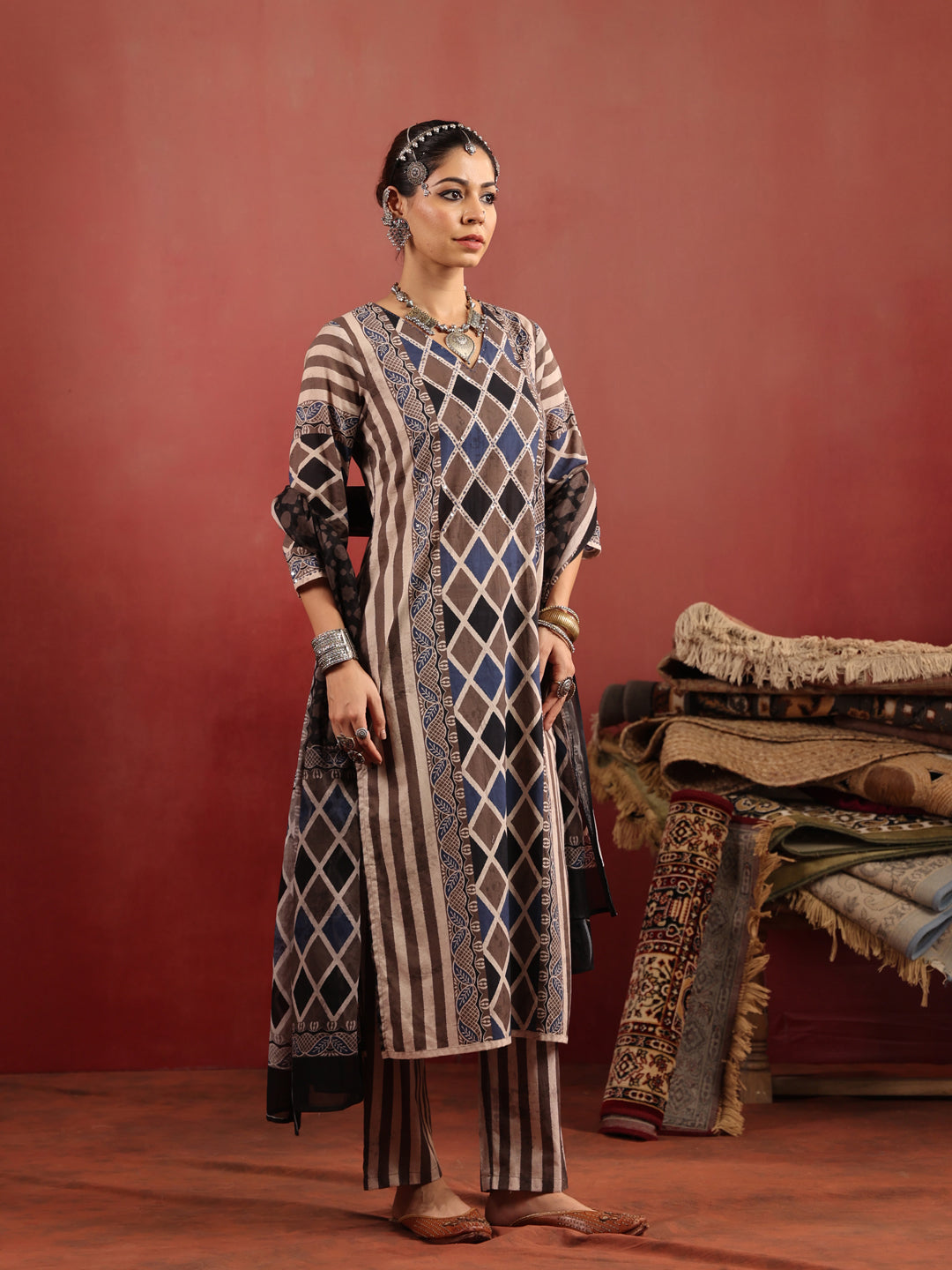 Baori Stripes | Taupe Ajrakh Cotton Suit Set