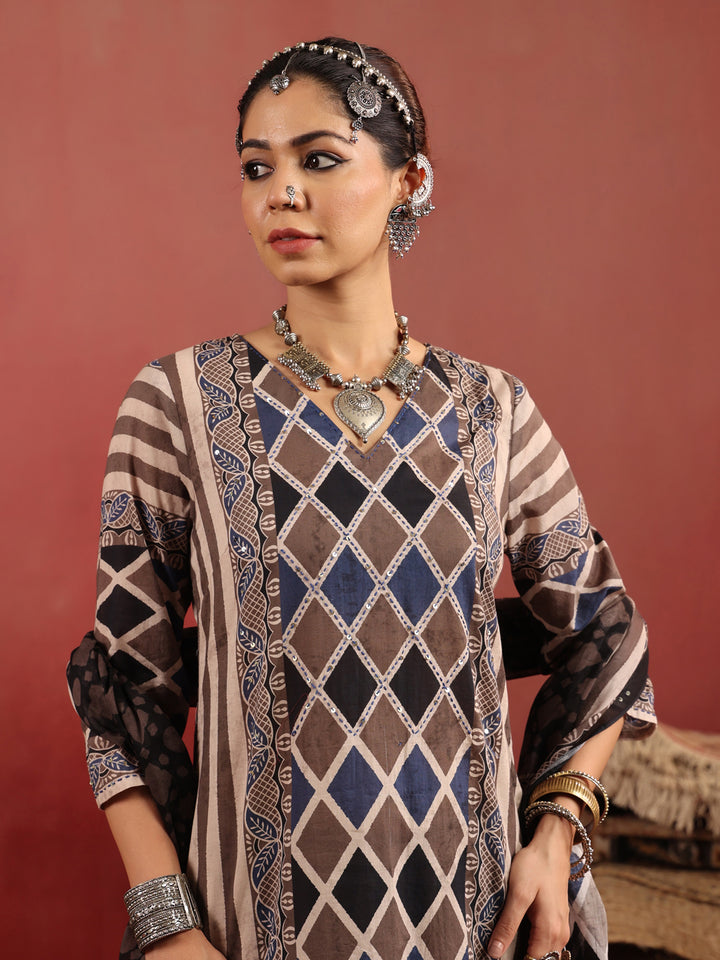 Baori Stripes | Taupe Ajrakh Cotton Suit Set