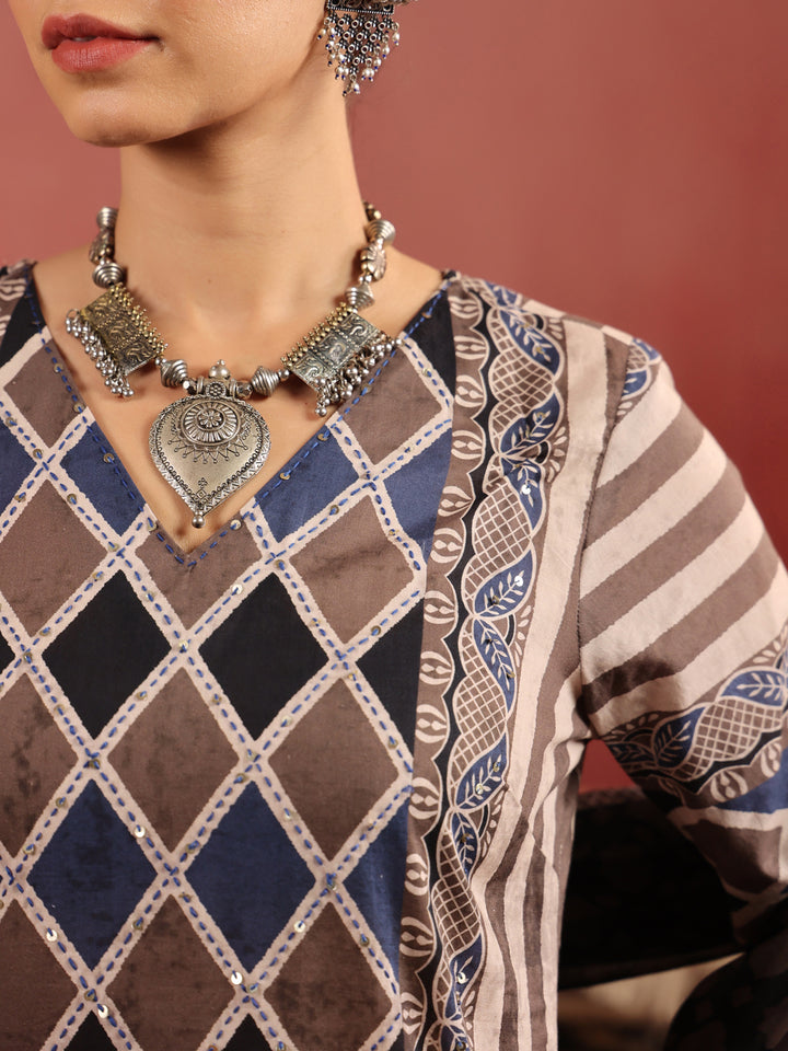 Baori Stripes | Taupe Ajrakh Cotton Suit Set