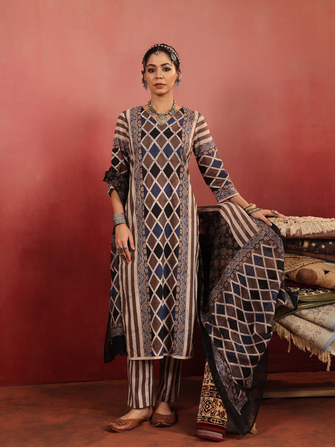 Baori Stripes | Taupe Ajrakh Cotton Suit Set