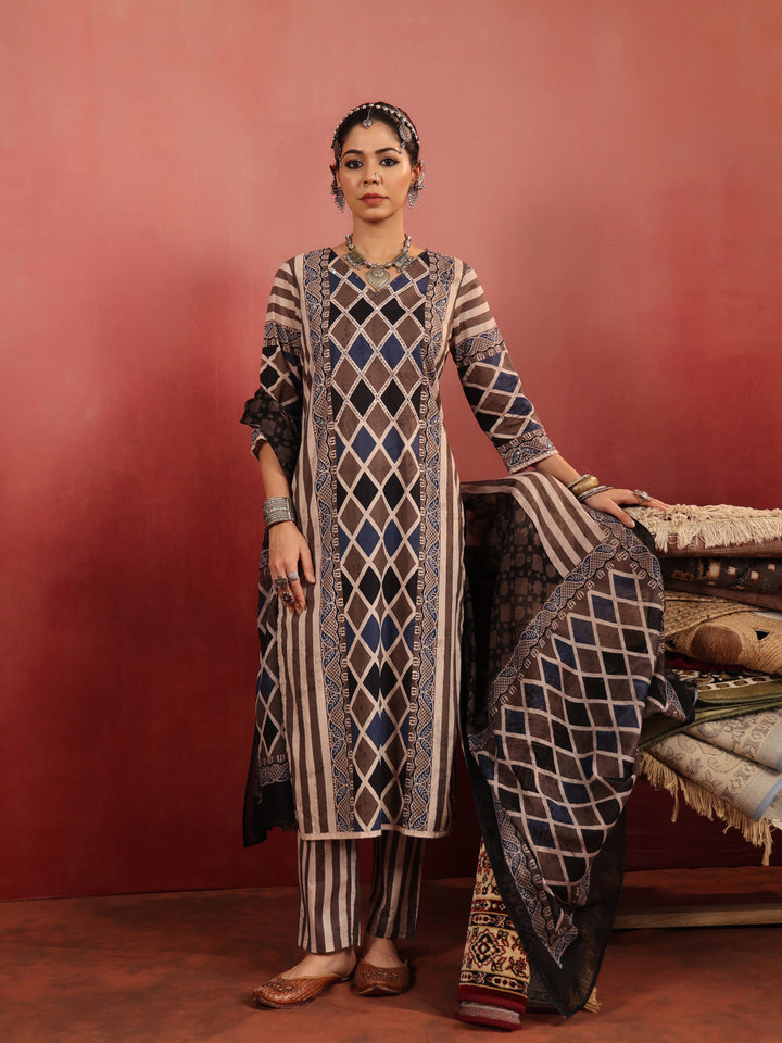 Baori Stripes | Taupe Ajrakh Cotton Suit Set
