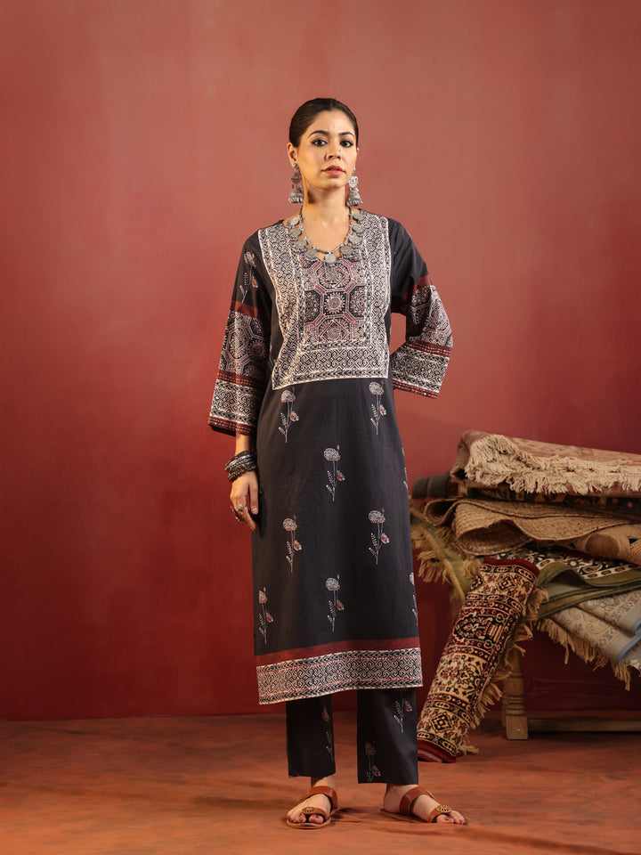 Charvi | Noir Ajrakh Motif Suit Set