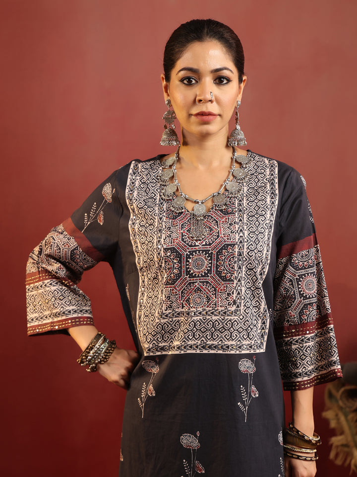 Charvi | Noir Ajrakh Motif Suit Set