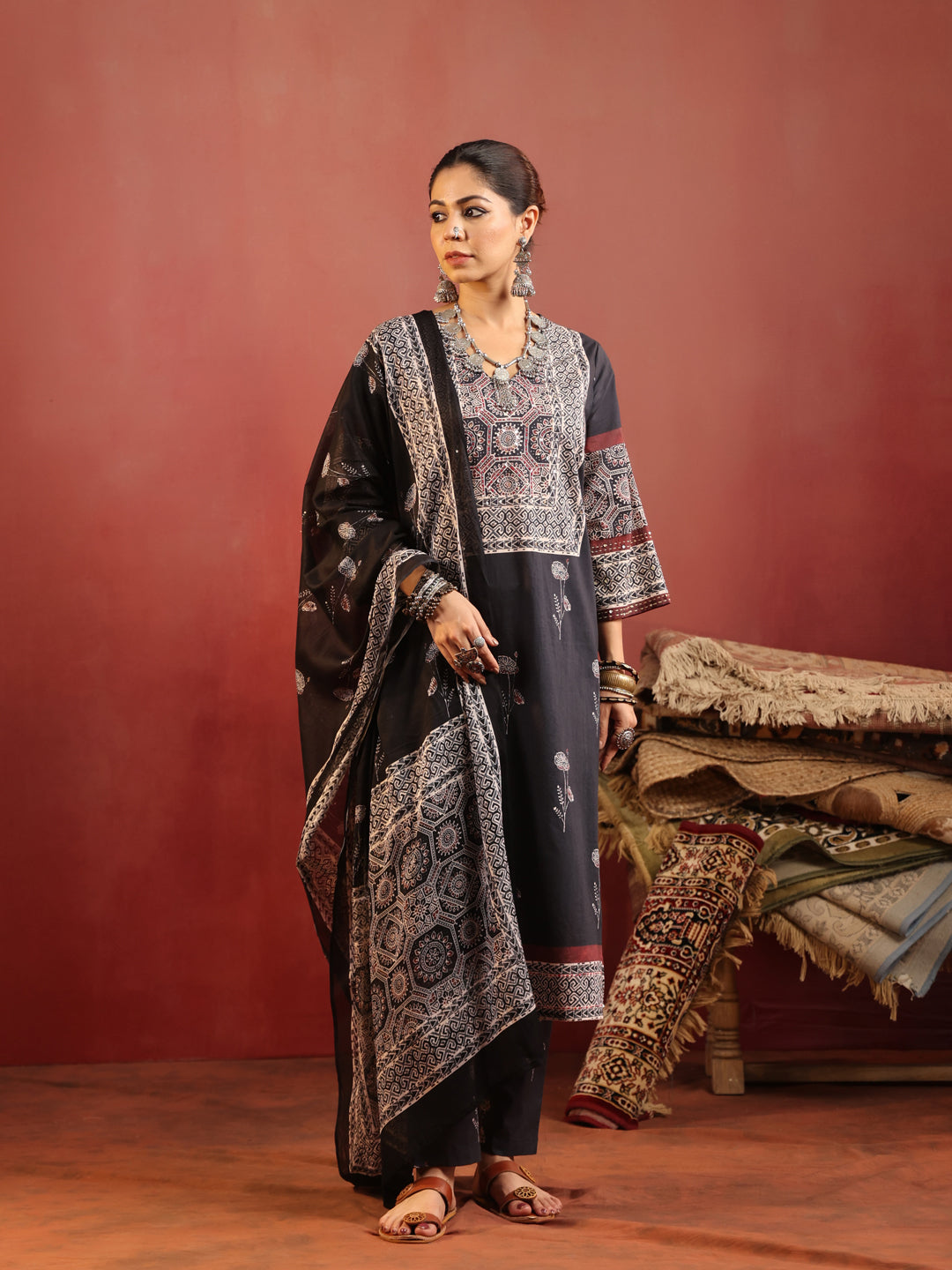 Charvi | Noir Ajrakh Motif Suit Set