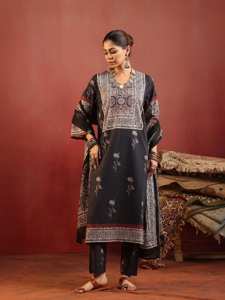Charvi | Noir Ajrakh Motif Suit Set
