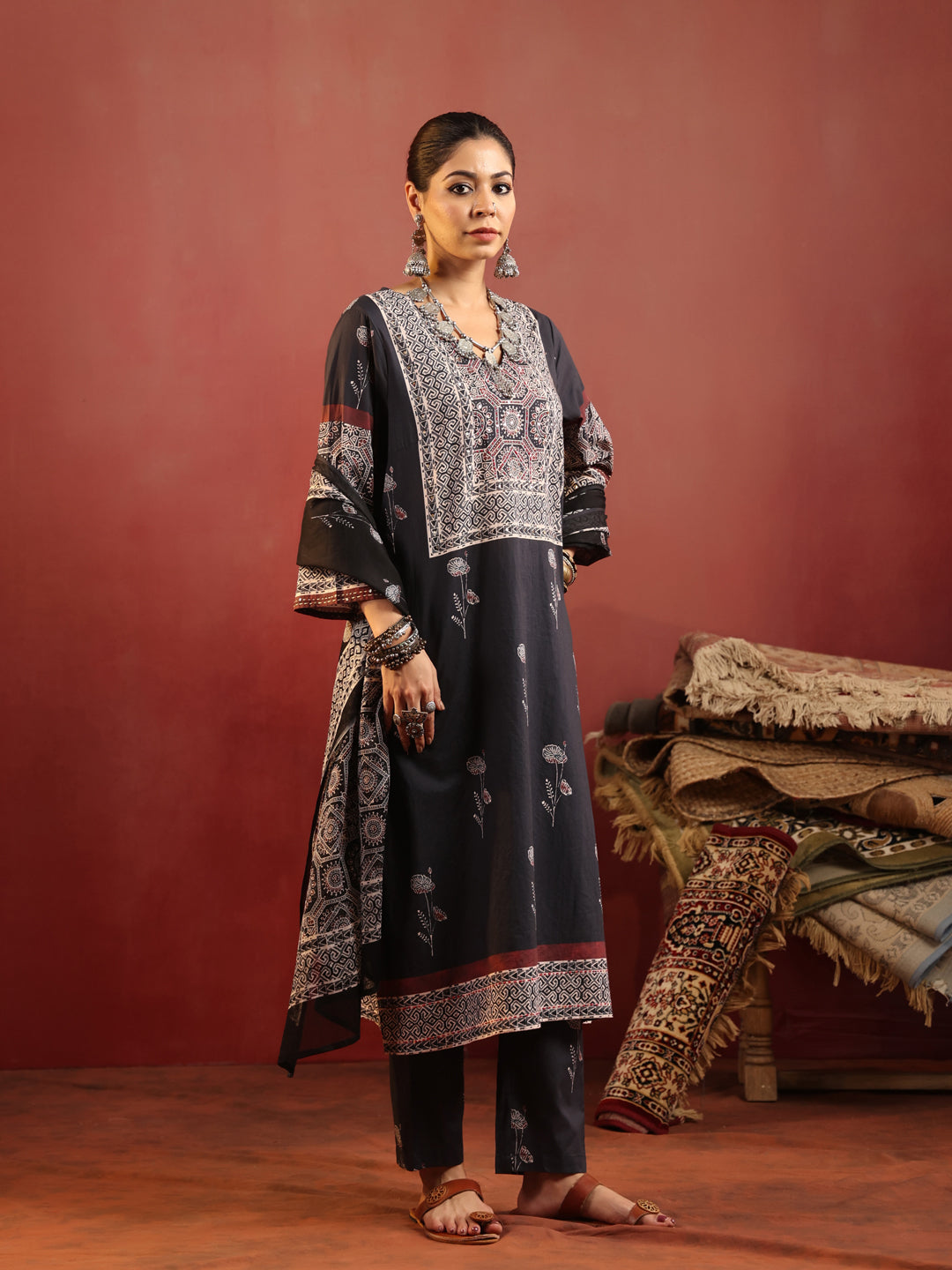 Charvi | Noir Ajrakh Motif Suit Set