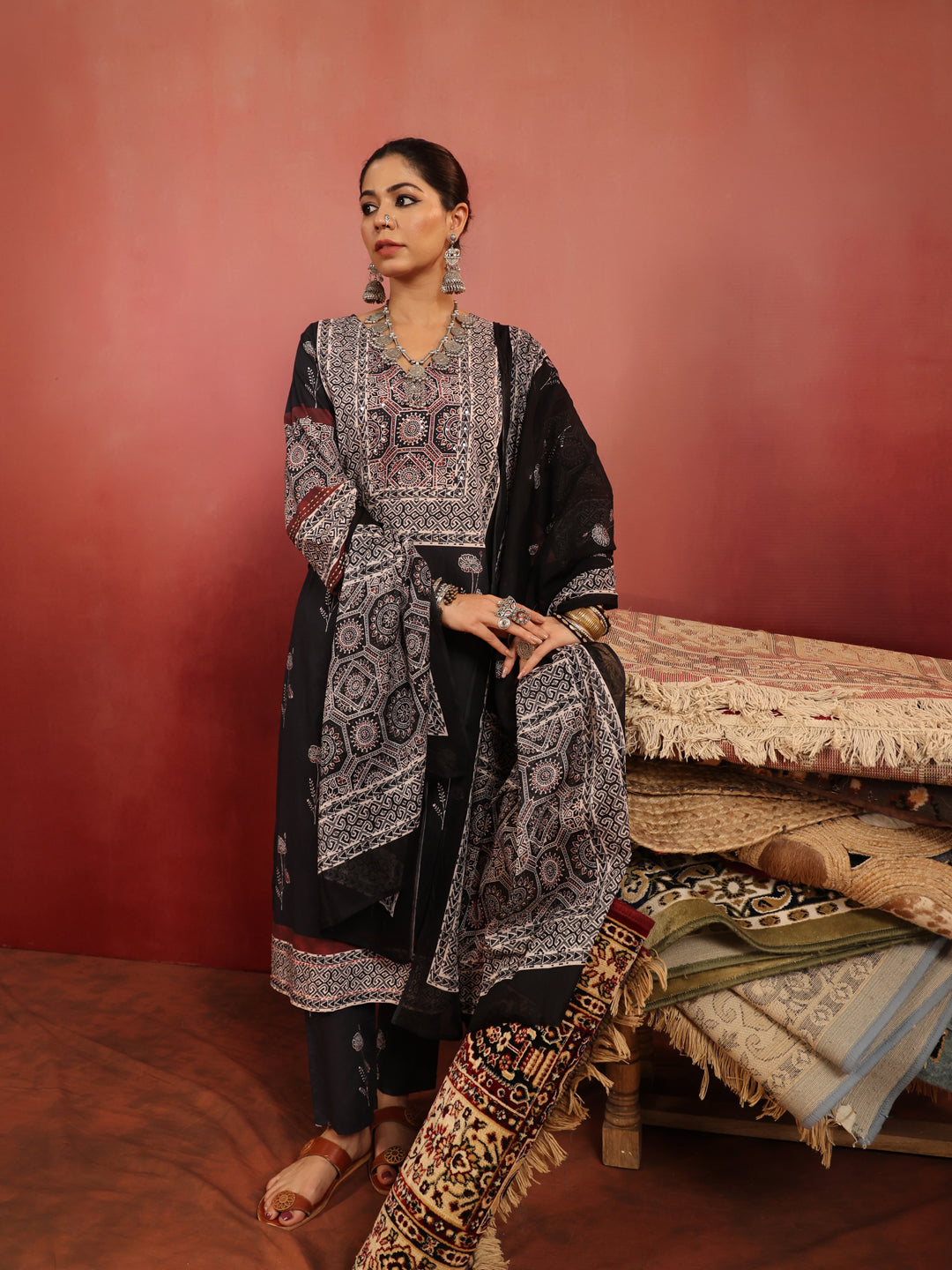 Charvi | Noir Ajrakh Motif Suit Set