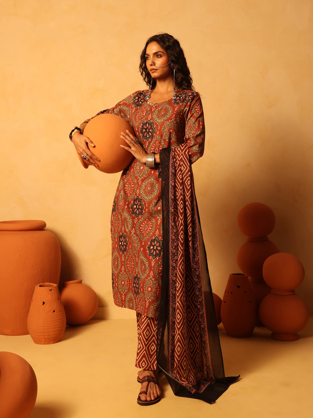 Mehndi Gul | Rust Ajrakh Cotton Suit Set