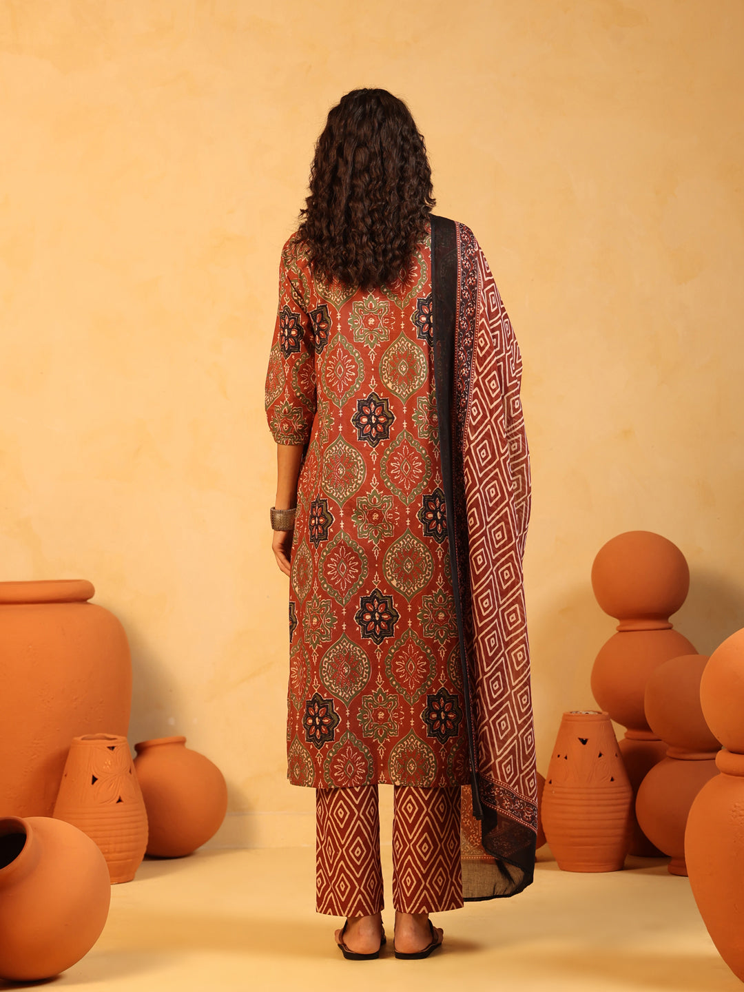 Mehndi Gul | Rust Ajrakh Cotton Suit Set