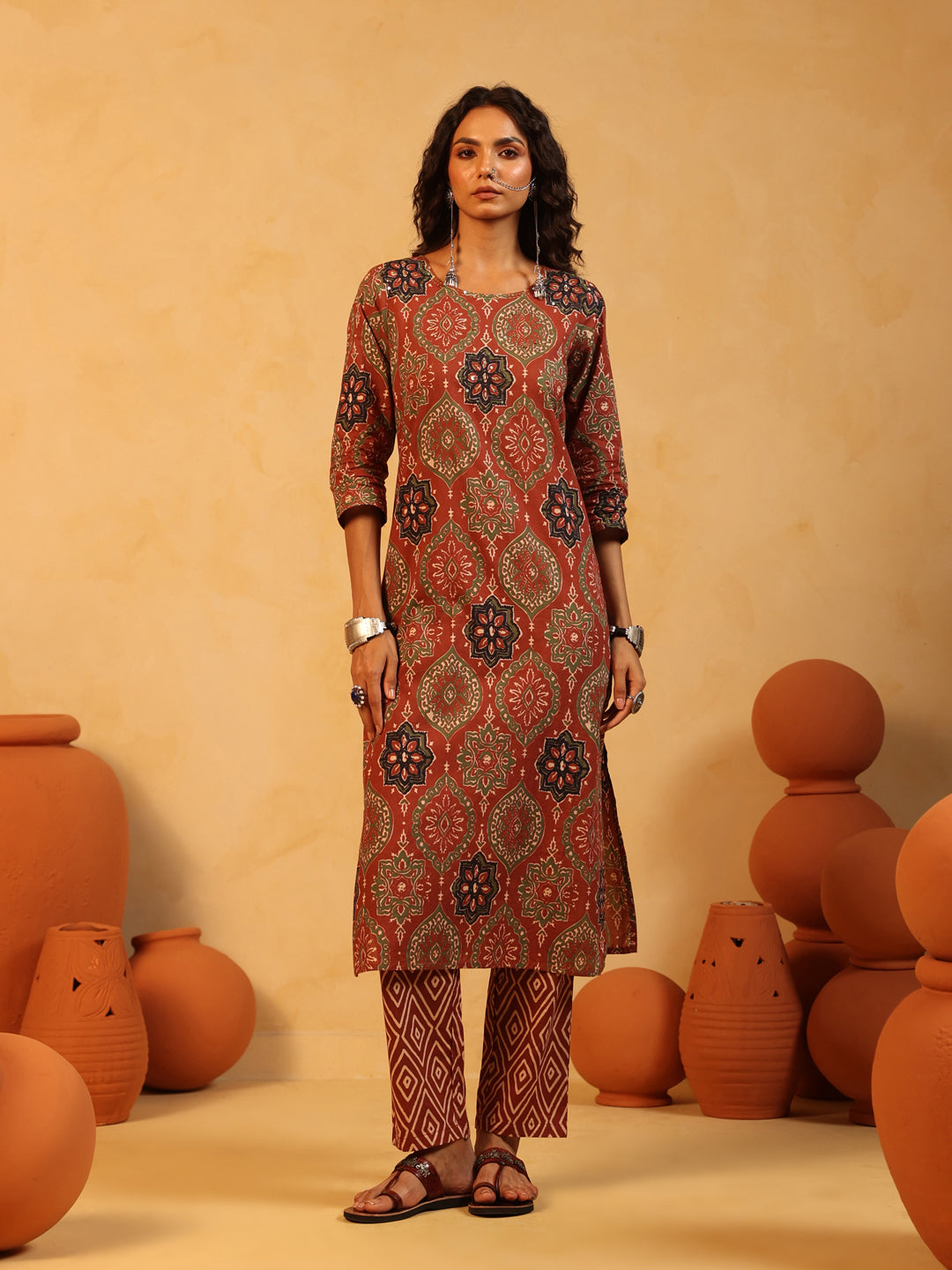 Mehndi Gul | Rust Ajrakh Cotton Suit Set