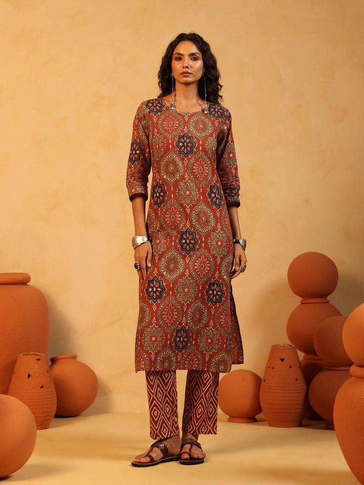 Mehndi Gul | Rust Ajrakh Cotton Suit Set