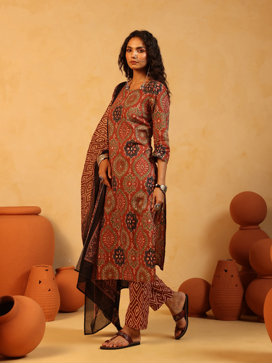 Mehndi Gul | Rust Ajrakh Cotton Suit Set