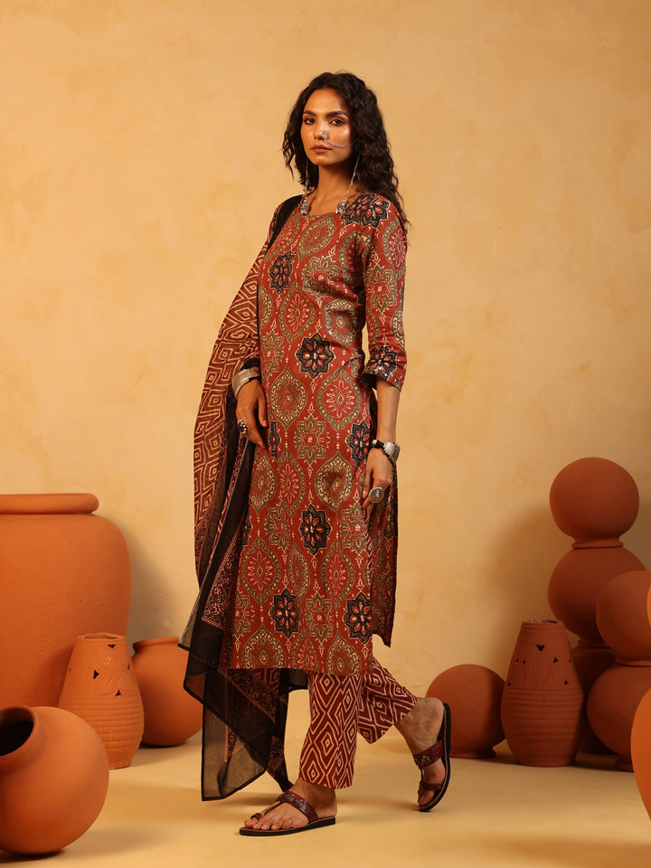 Mehndi Gul | Rust Ajrakh Cotton Suit Set